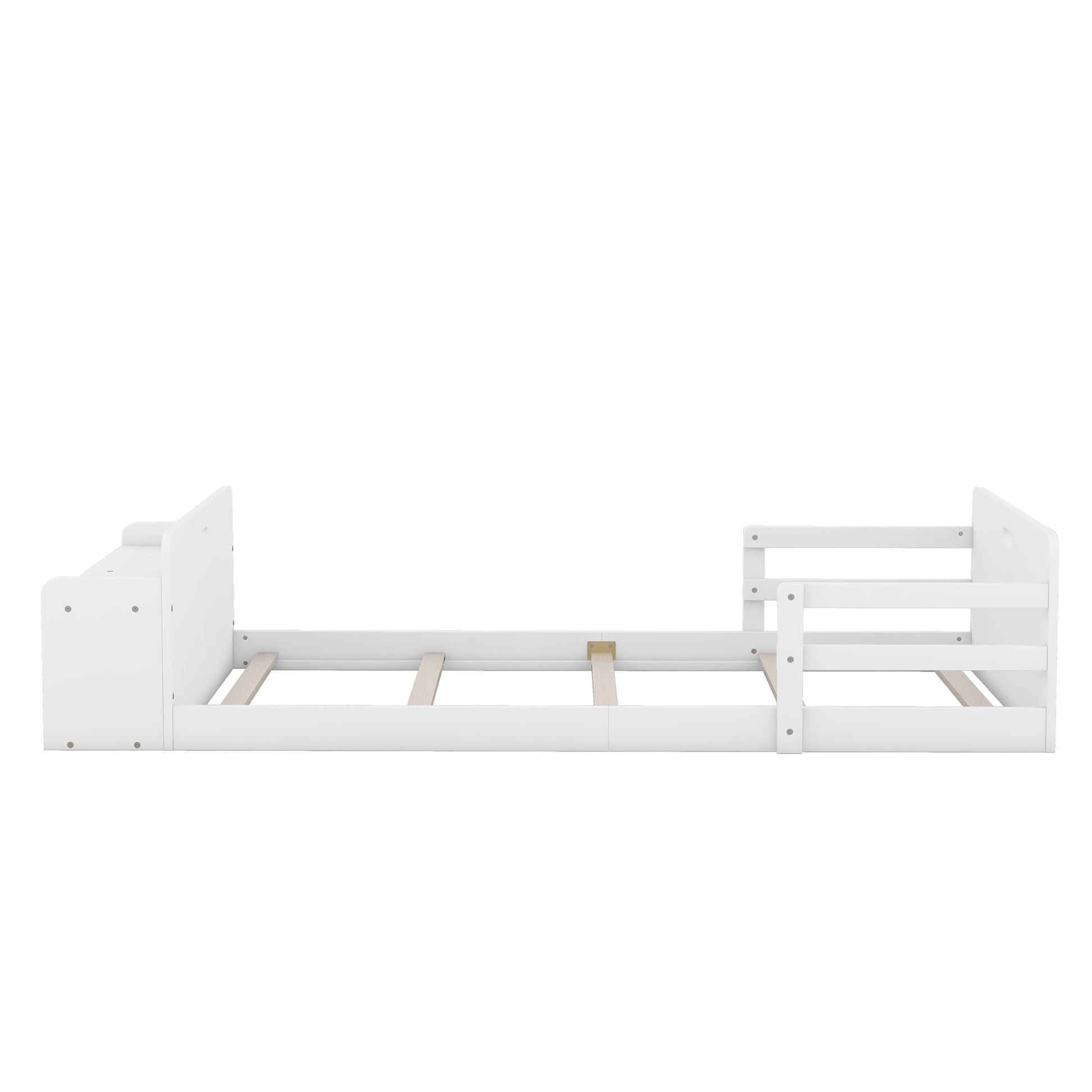Twin Size Floor Bed with Storage Footboard and Guardrail, White - Korvel