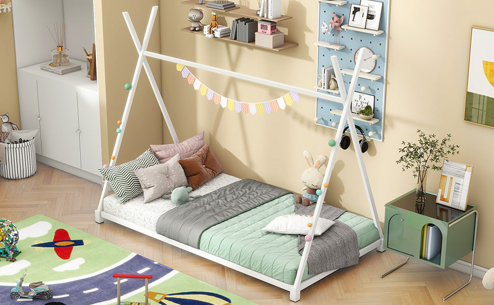 Metal Twin Size House Platform Bed with Triangle Structure  White - Korvel
