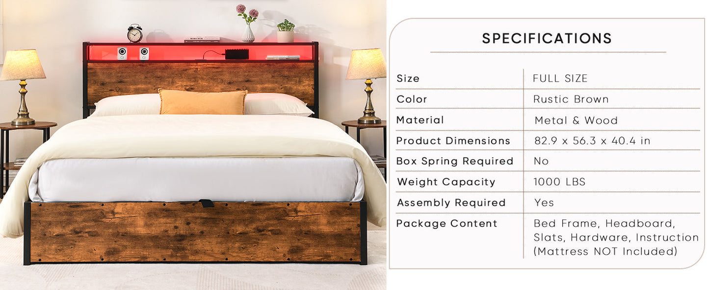 Elevating storage bed frame, full-size bed frame with bookshelf headboard and LED lights, with country brown color - Korvel