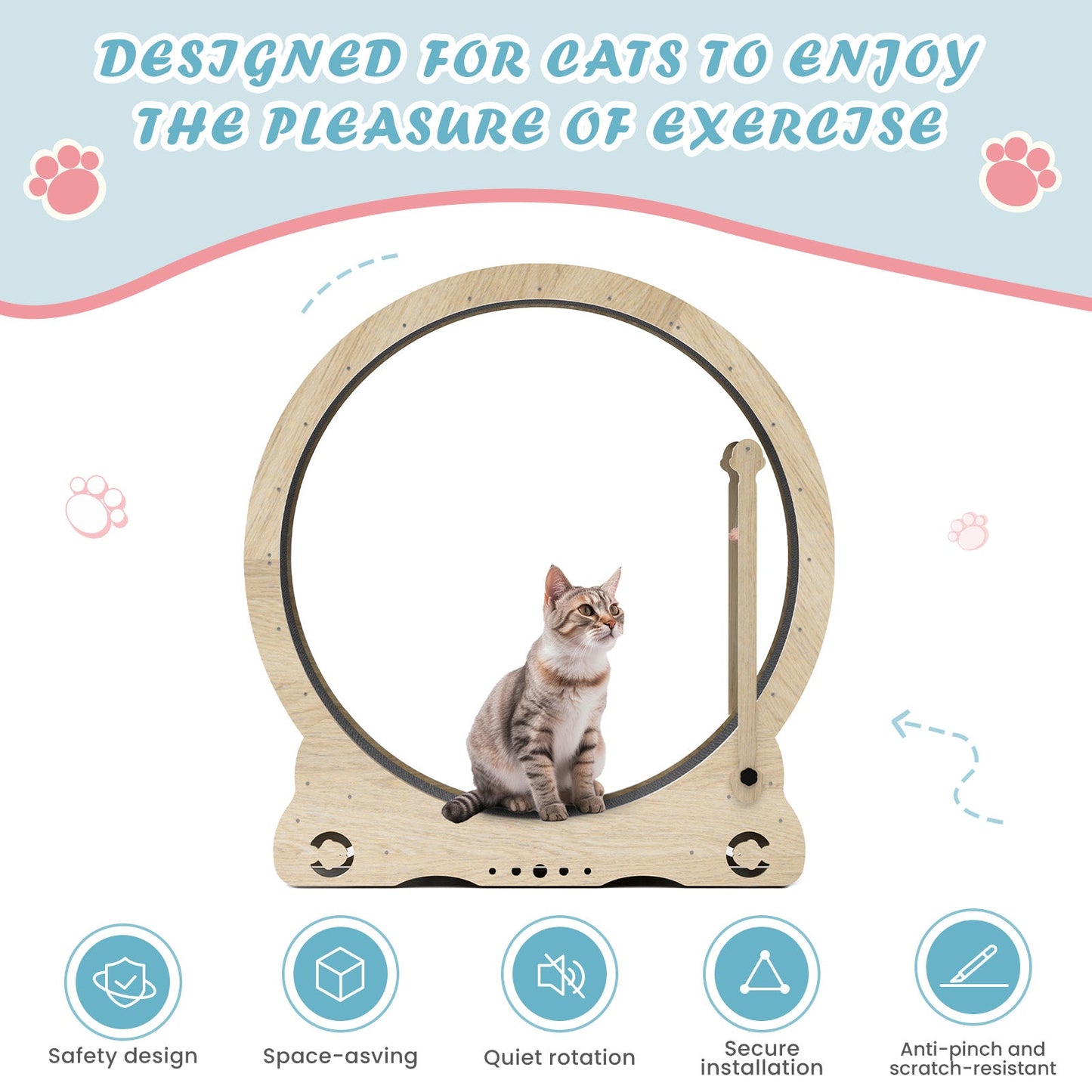 Indoor cat treadmill with carpet, tear device and latch natural wood, 39.4 inches long x 13.2 inches wide x 41.3 inches high - Korvel