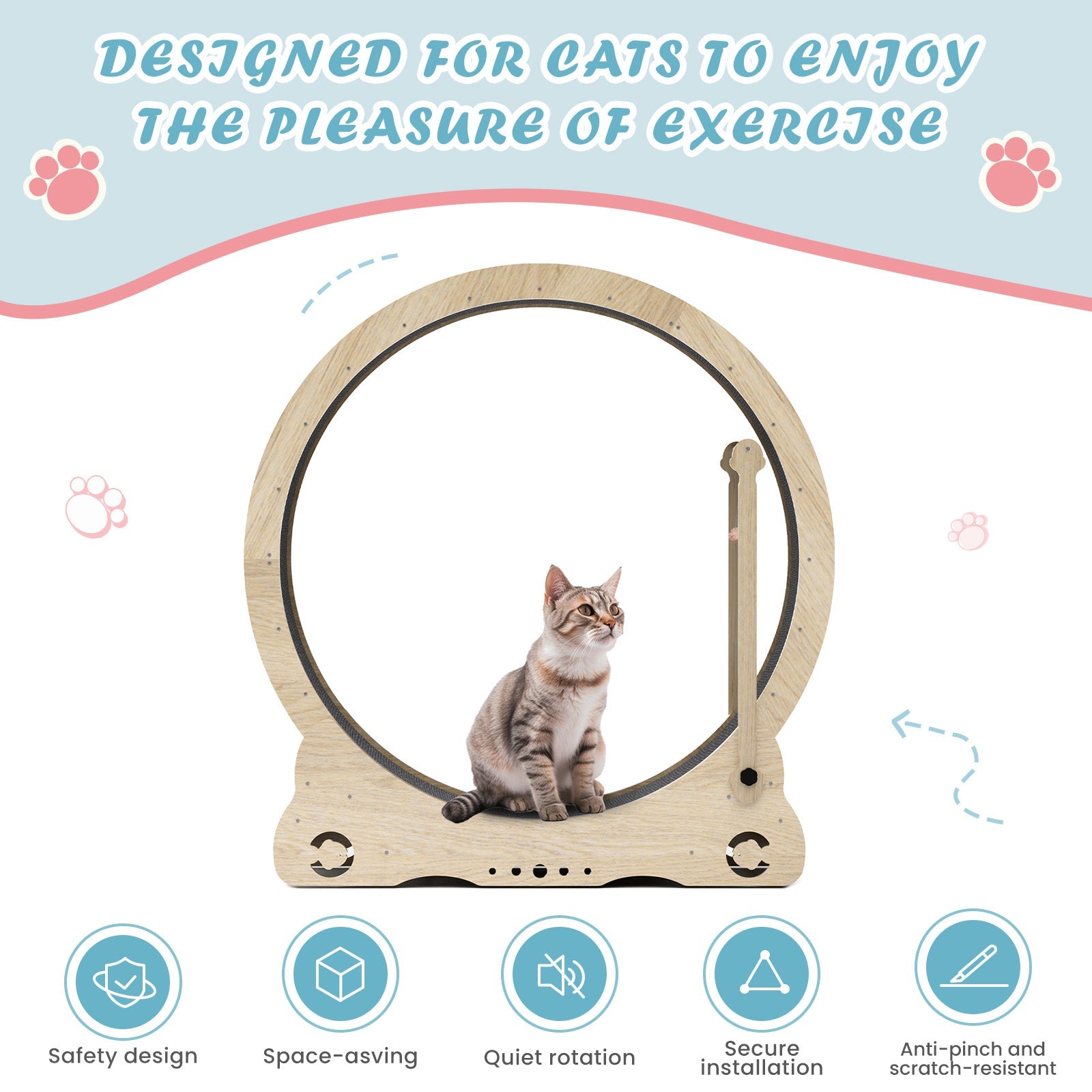 Indoor cat treadmill with carpet, tear device and latch natural wood, 39.4 inches long x 13.2 inches wide x 41.3 inches high - Korvel