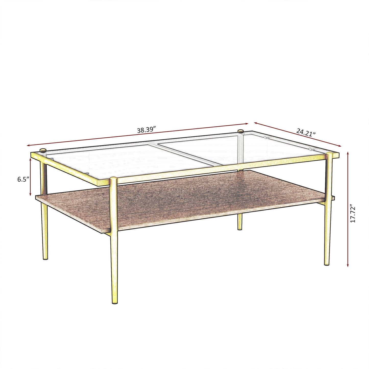 Rectangle Coffee Table with Gray Tempered Glass top and Golden Legs, Modern Table for Living Room - Korvel