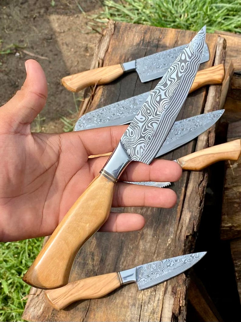 Premium Damascus Steel Kitchen Knife Set – 13" Blade with Olivewood Handle & Leather Sheath - Korvel