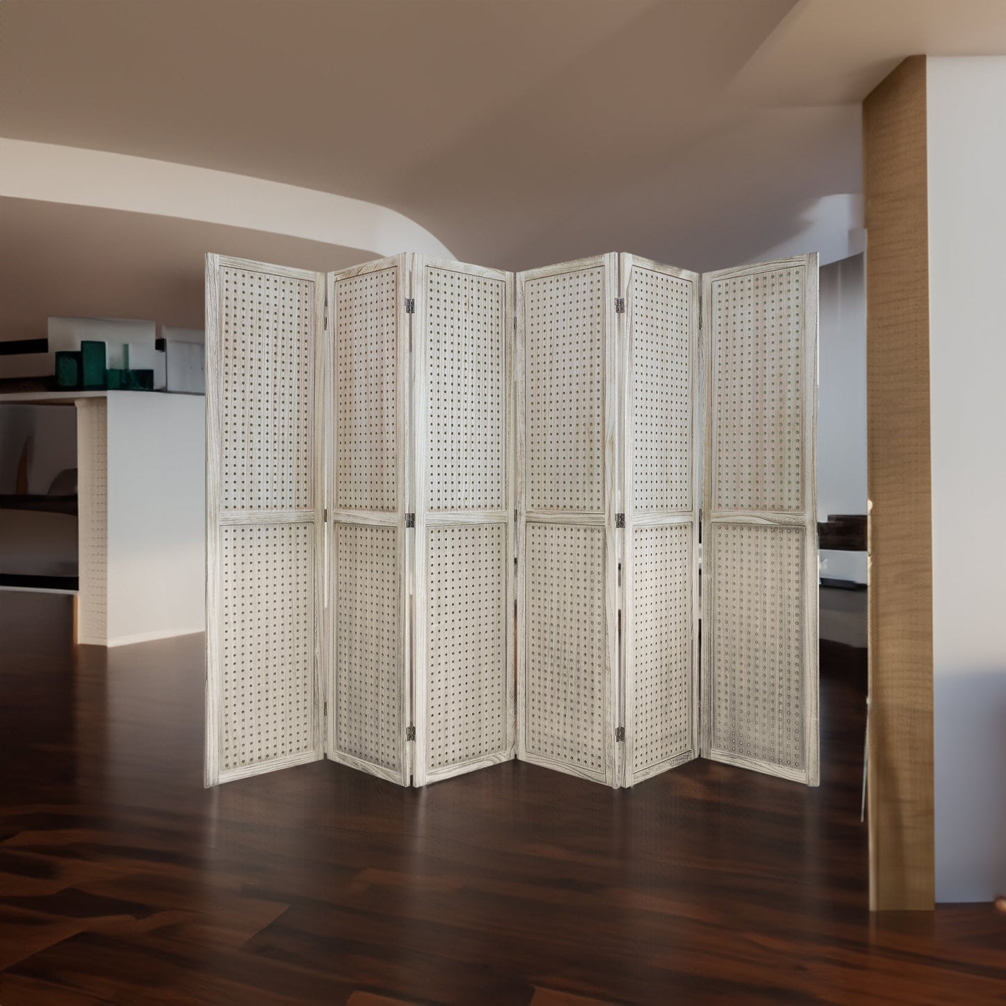 6-Panel Natural Wood Room Divider with Pegboard Display