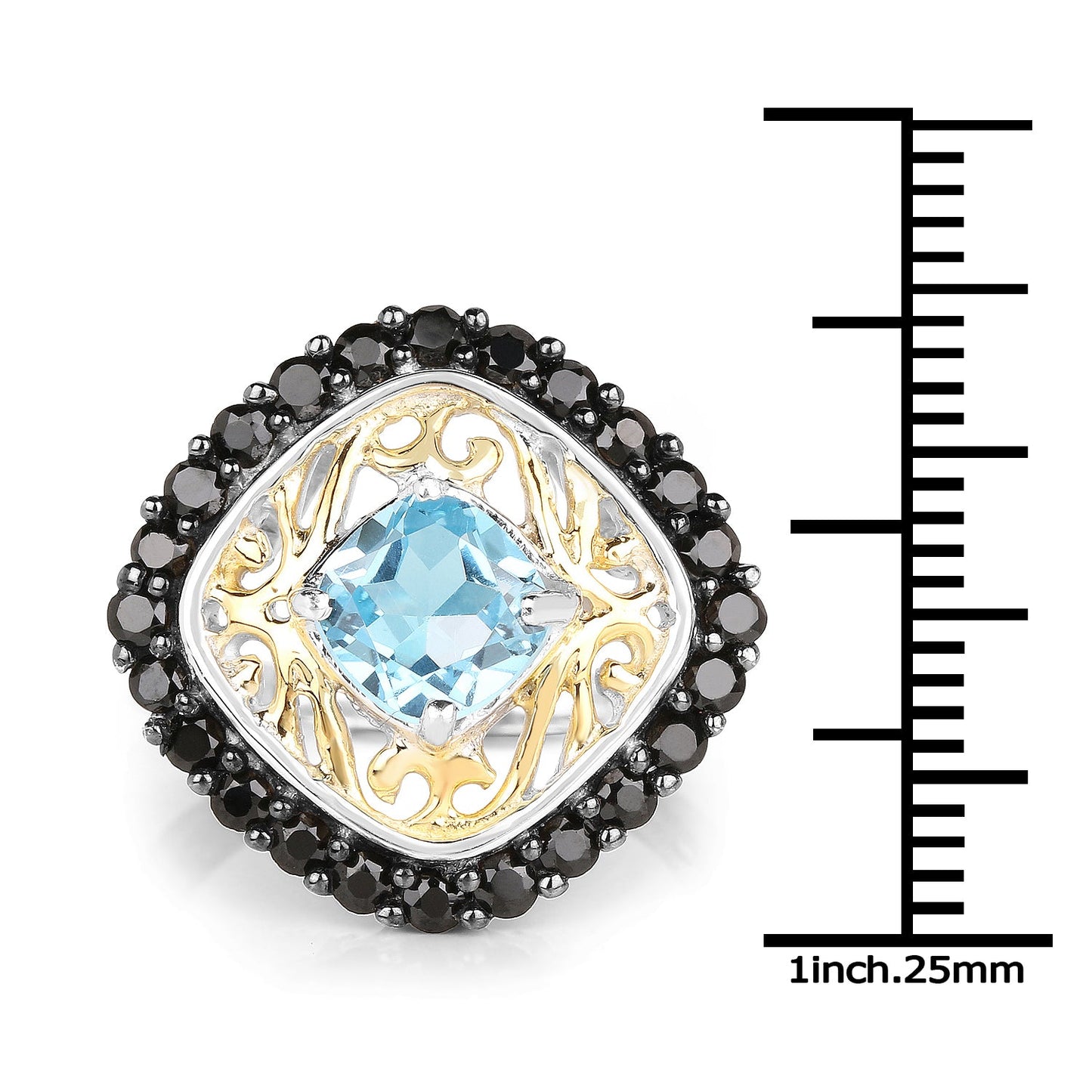 Bague en Topaze Bleue Suisse et Spinelle Noir Plaquée Deux Tons de 2,85 Carats