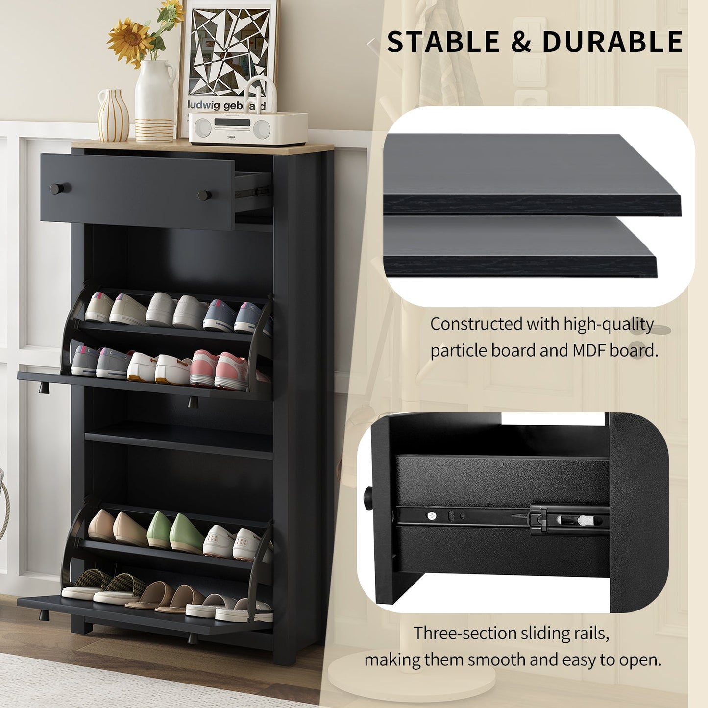 ONTREND Black Shoe Cabinet with 2 Flip Drawers