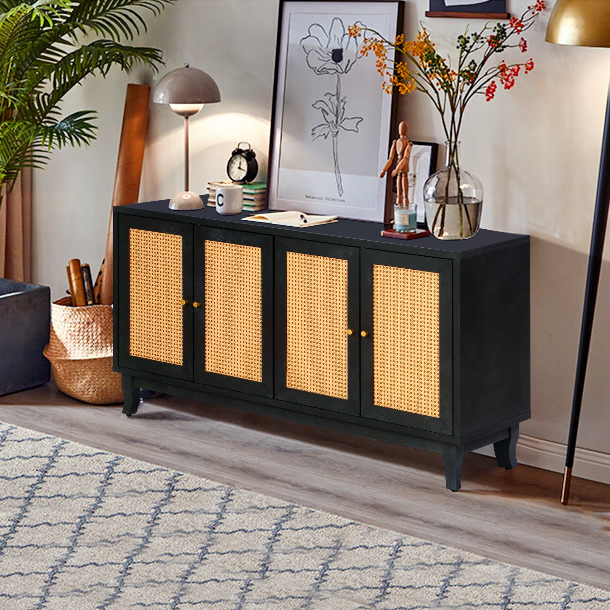 Handcrafted Premium Grain Panels Rattan Sideboard Buffer Cabinet Accent Storage Cabinet With 4 Rattan Doors BLACK - Korvel