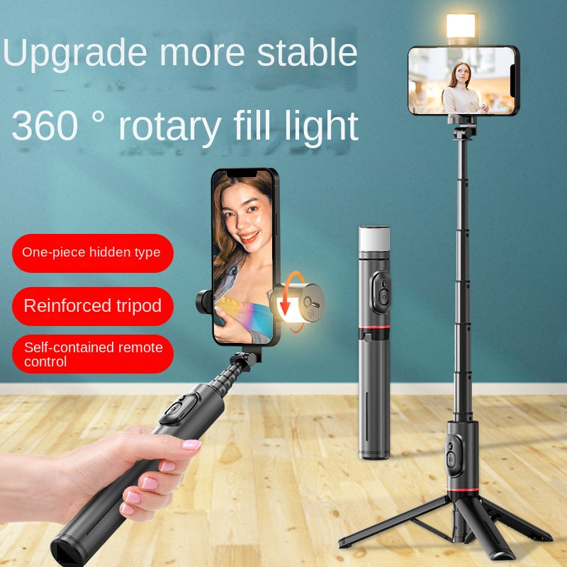 Mobile Phone Bluetooth Selfie Stick with Rotating Fill Light and Hidden Tripod Live Streaming Stand - Korvel