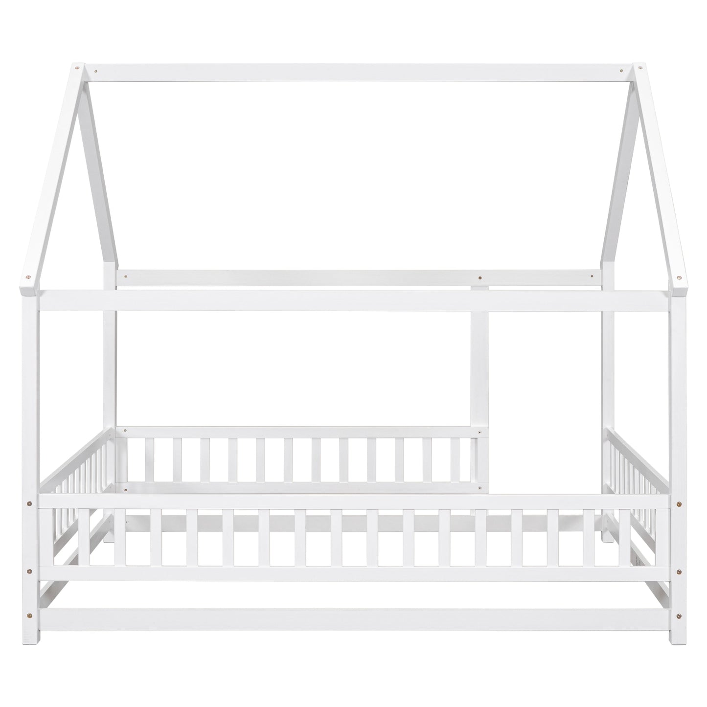 Full Size Floor Wooden Bed with House Roof Frame and Guardrails - White