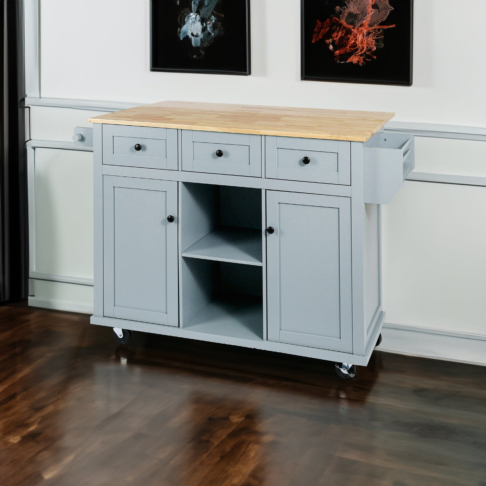 Kitchen handcart with rubber wood leaf countertop, storage cabinet, shelf, and 3 dining room drawers, gray blue - Korvel