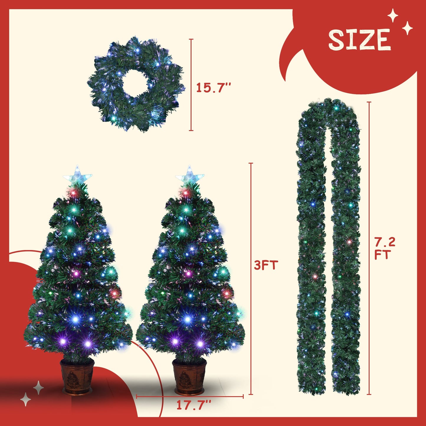 4-piece Christmas artificial tree set, Christmas wreath, wreath and 2 colored light entrance trees, PVC holiday celebration set - Korvel