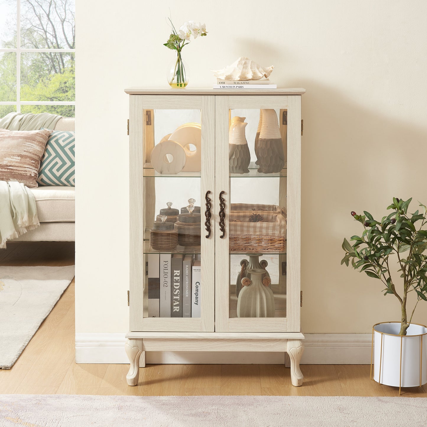 Dual door Curio cabinet with tempered glass door mirror back panel and adjustable shelf display cabinet with light bulbs, white - Korvel