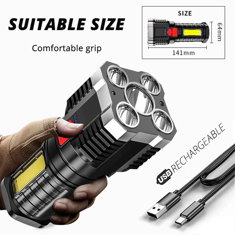 5 Led Flashlight Strong Light Outdoor Portable Cob Side Light Work Light USB Rechargeable Led Flashlight - Korvel