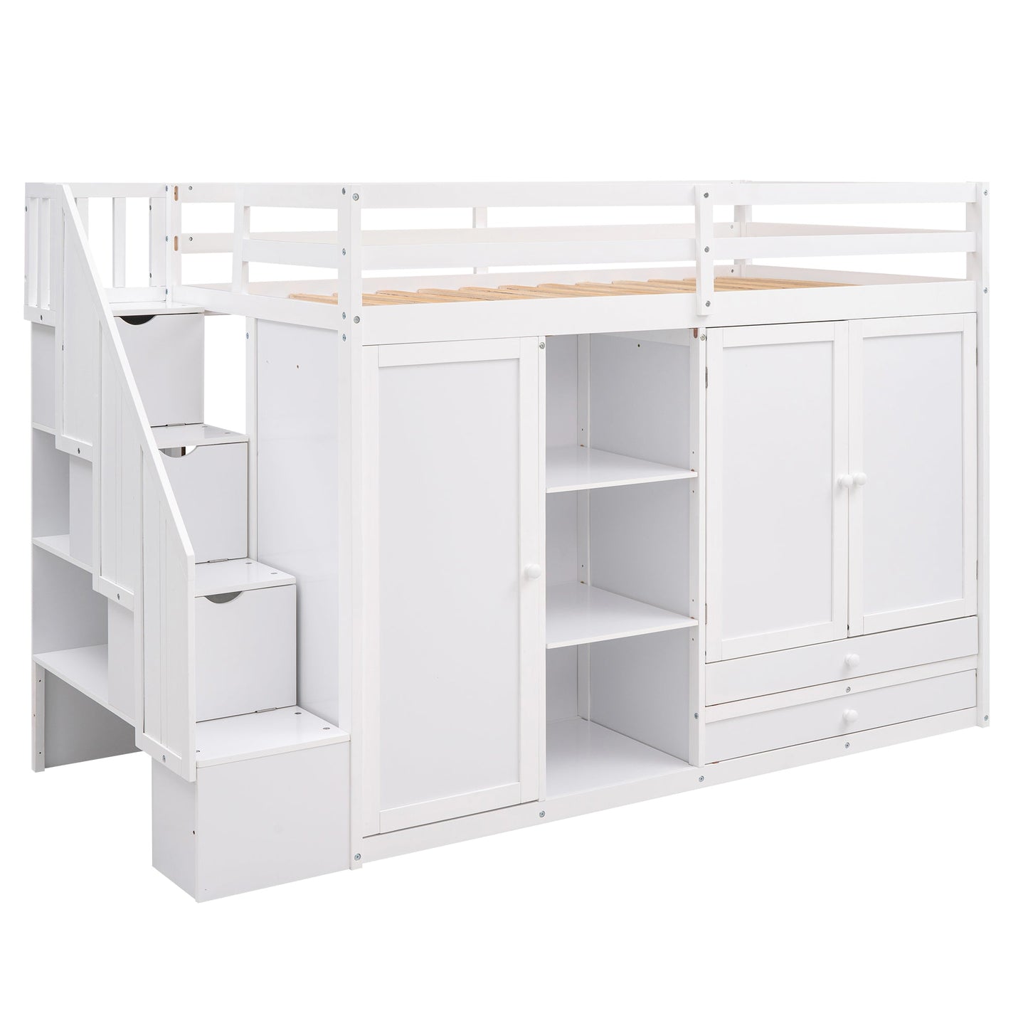 Functional Loft Bed with Storage and Shelves in White