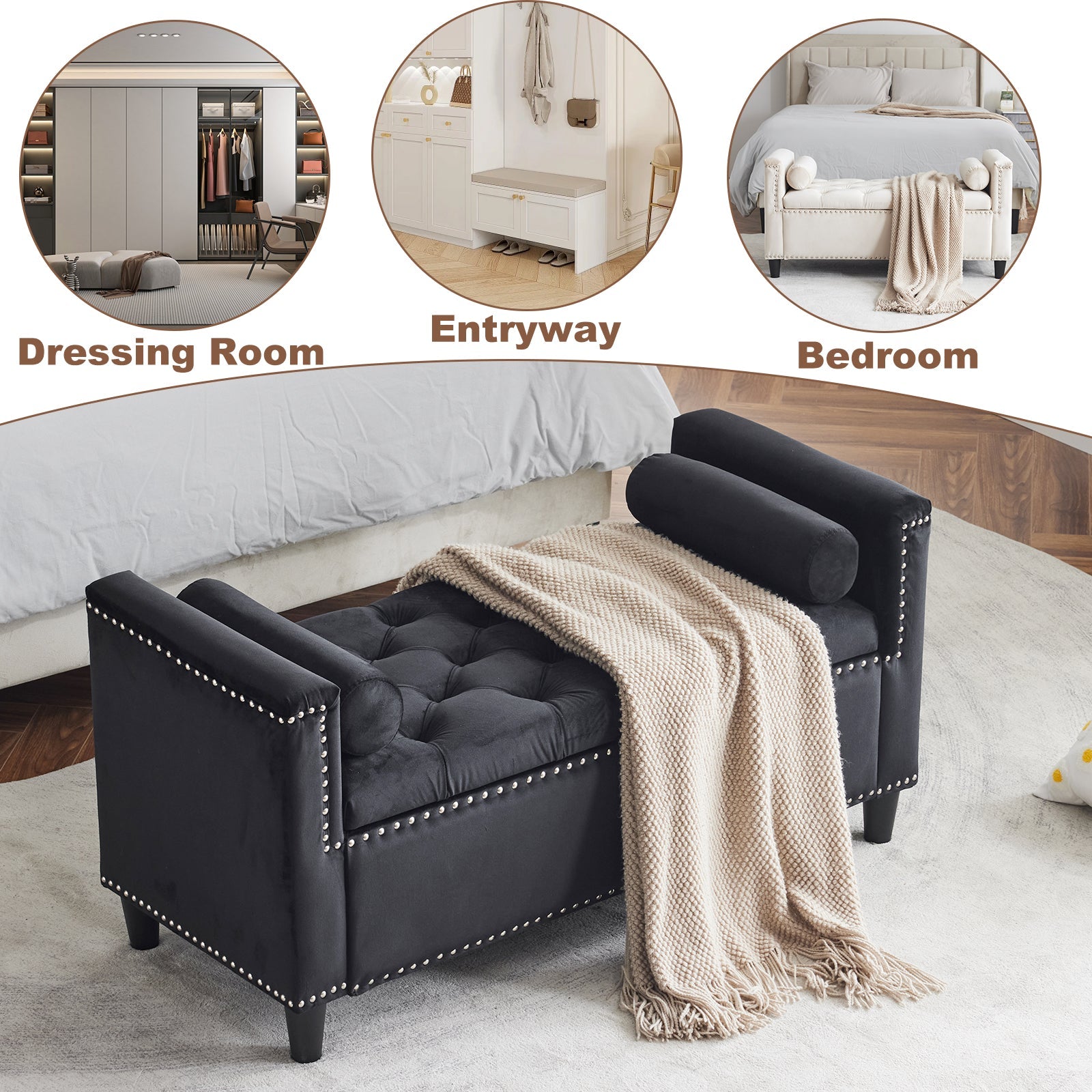 Storage Bench, 44.5-Inch Queen Velvet Button Bedside Bench, Entryway Living Room with Armrests, Nailhead Trim  Black - Korvel