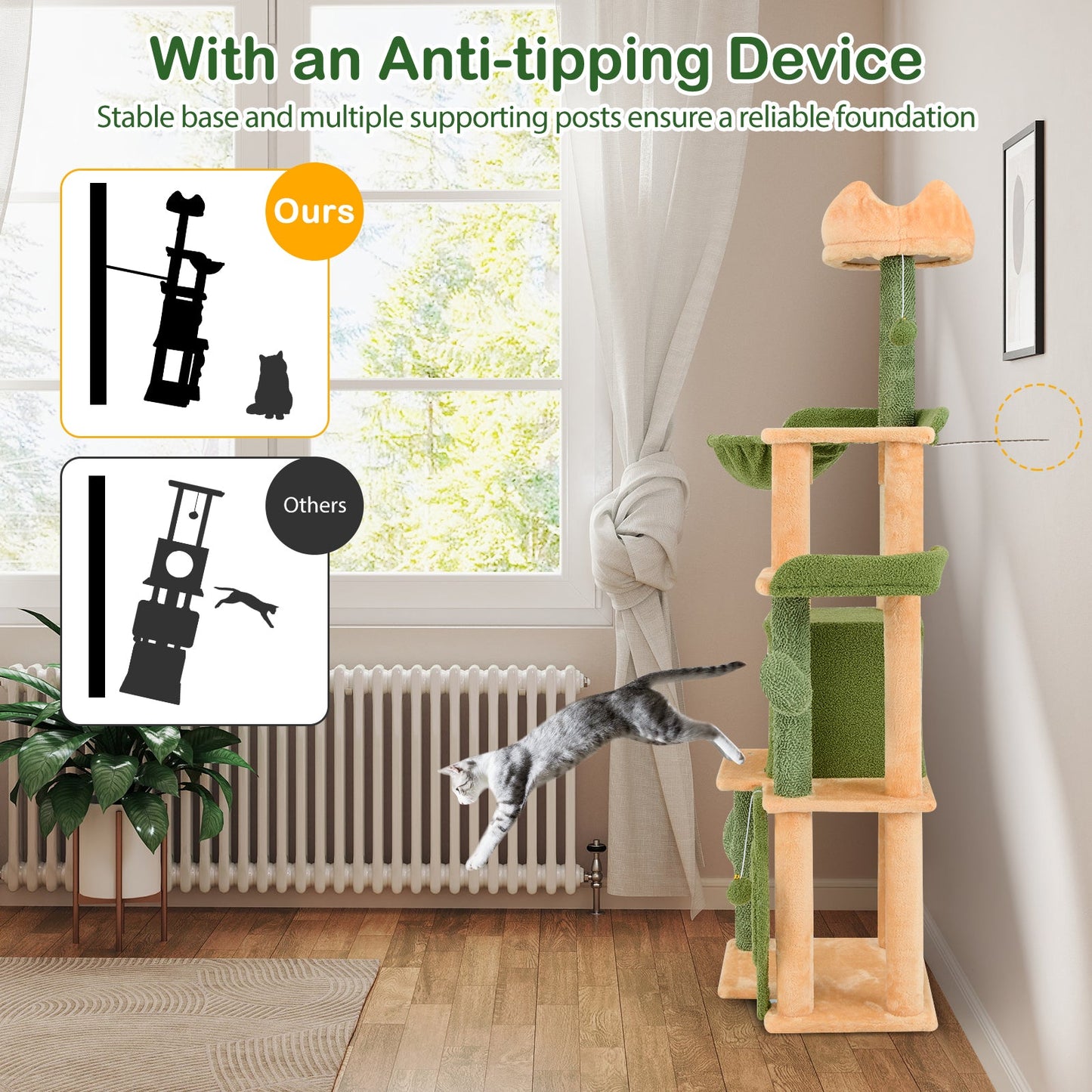 63 Inch Cactus Cat Tree with Scratching Posts for Indoor Cats