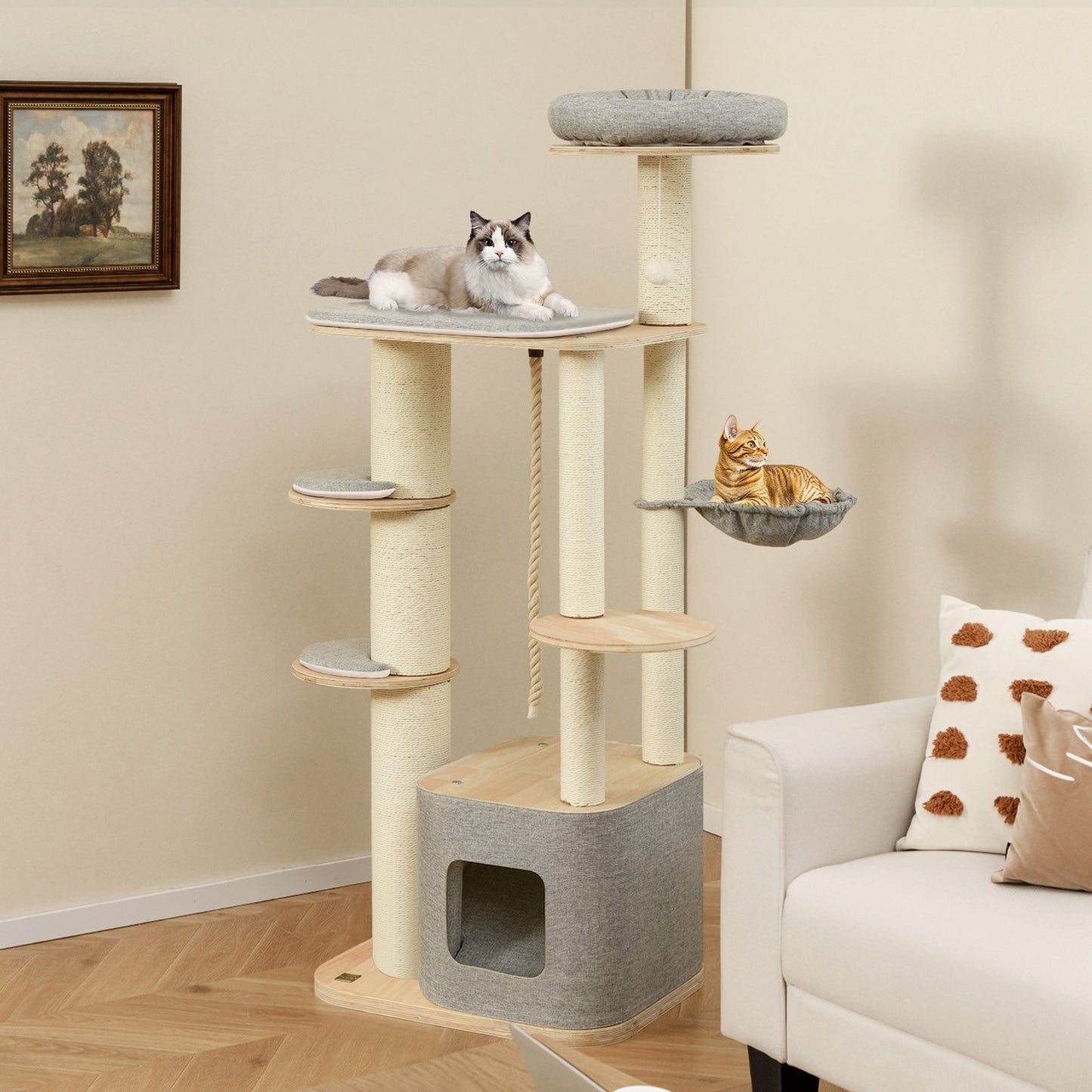 Arbre à chat moderne de 63 pouces avec perchoir et hamac - Gris