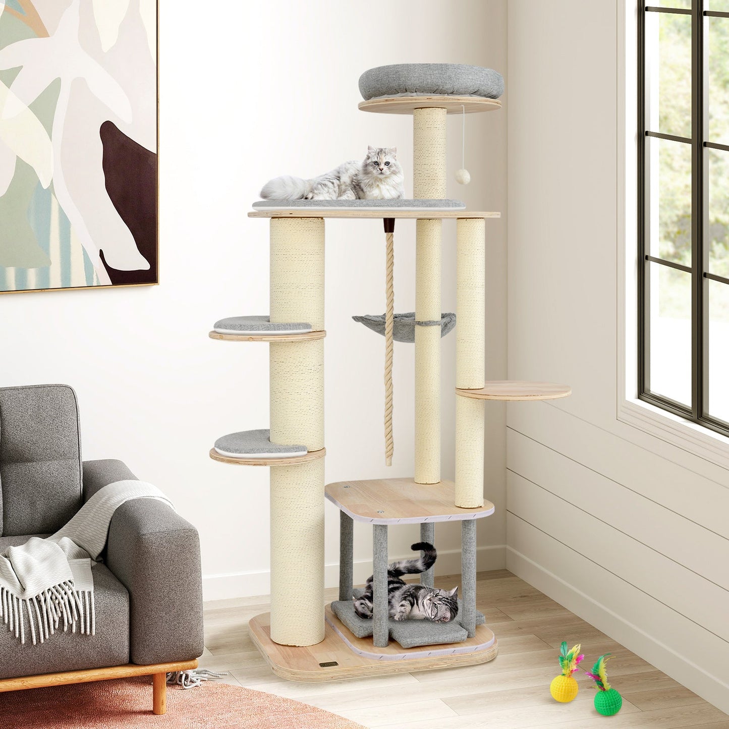 Arbre à chat moderne de 63 pouces avec perchoir et hamac - Gris