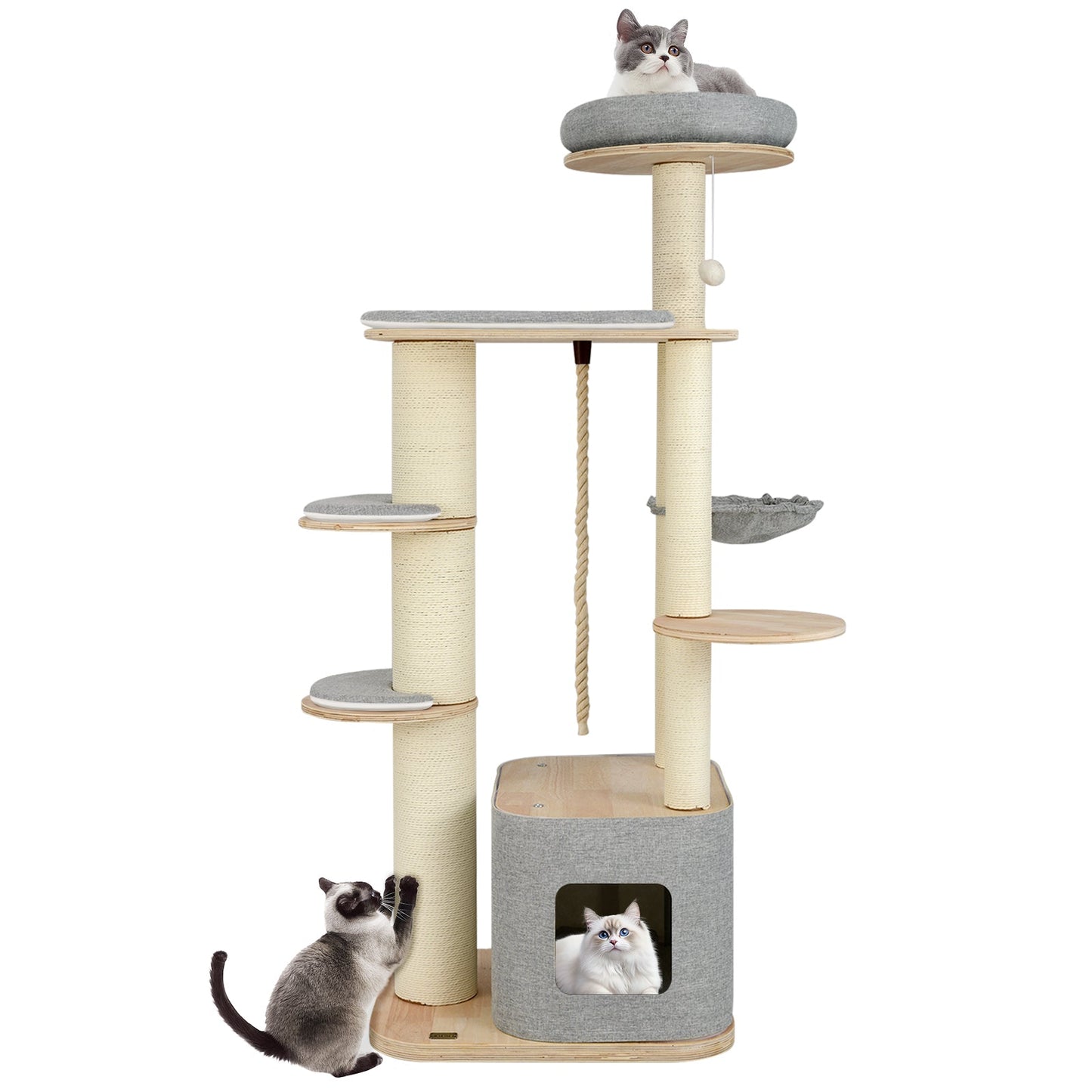 Arbre à chat moderne de 63 pouces avec perchoir et hamac - Gris