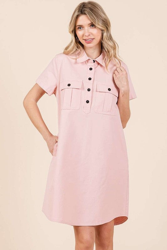 Vestido de Camisa de Manga Corta con Cuello y Detalle de Botones para Mujeres