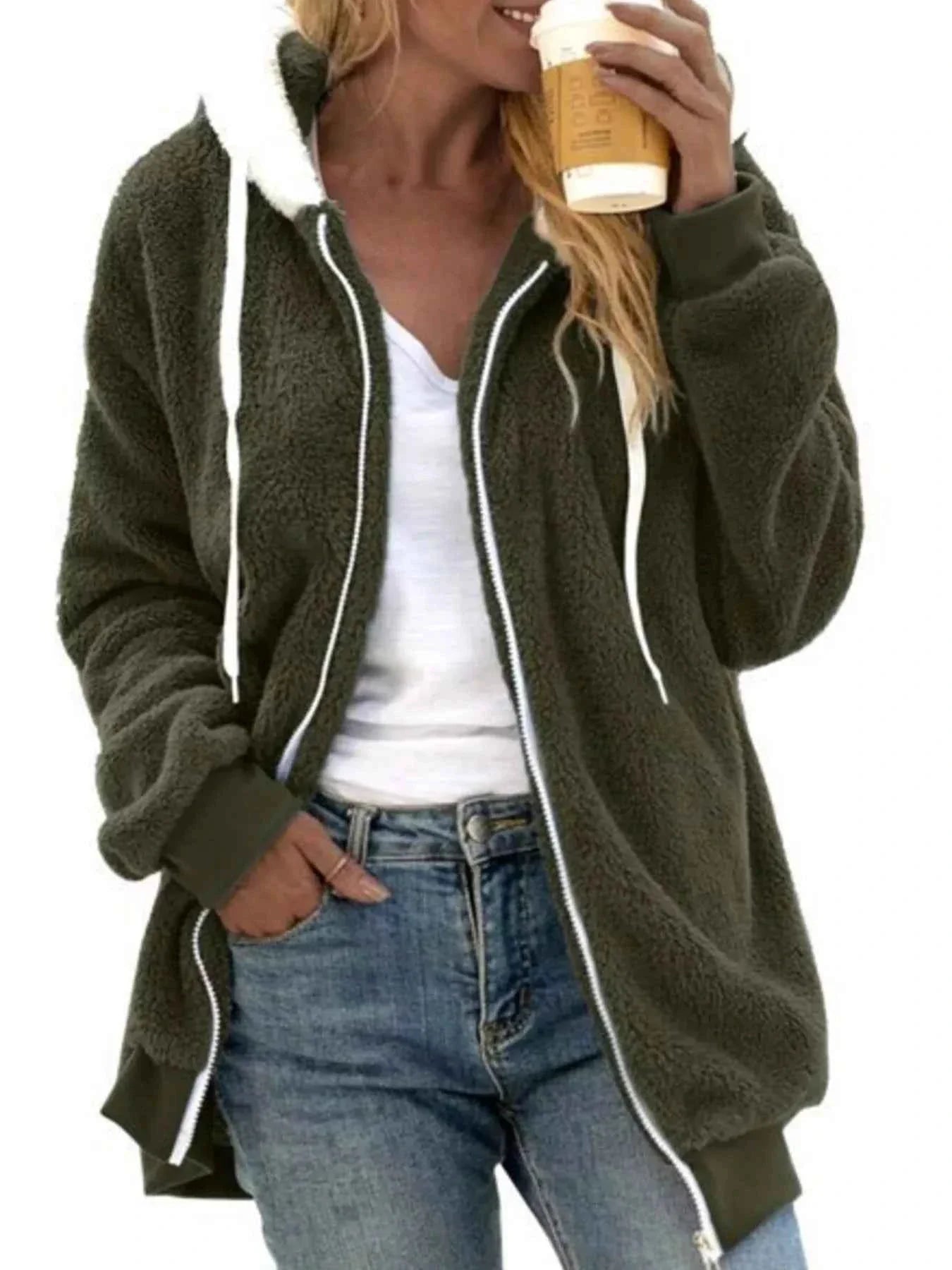 Cozy Fleece Zip-Up Hooded Jacket - Plus Size