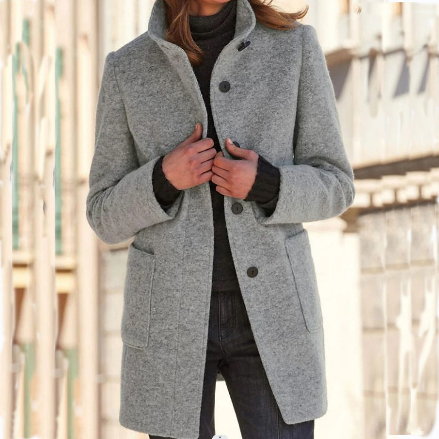 Manteau en Laine à Col Montant avec Poches pour Femmes