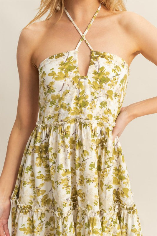 Vestido Mini de Cuello Halter con Estampado Floral Elegante para Mujeres