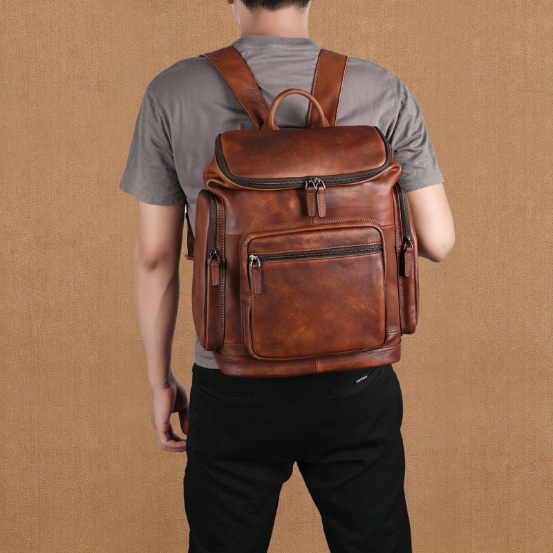 Mochila de Cuero de Doble Capa Retro Genuina para Hombres