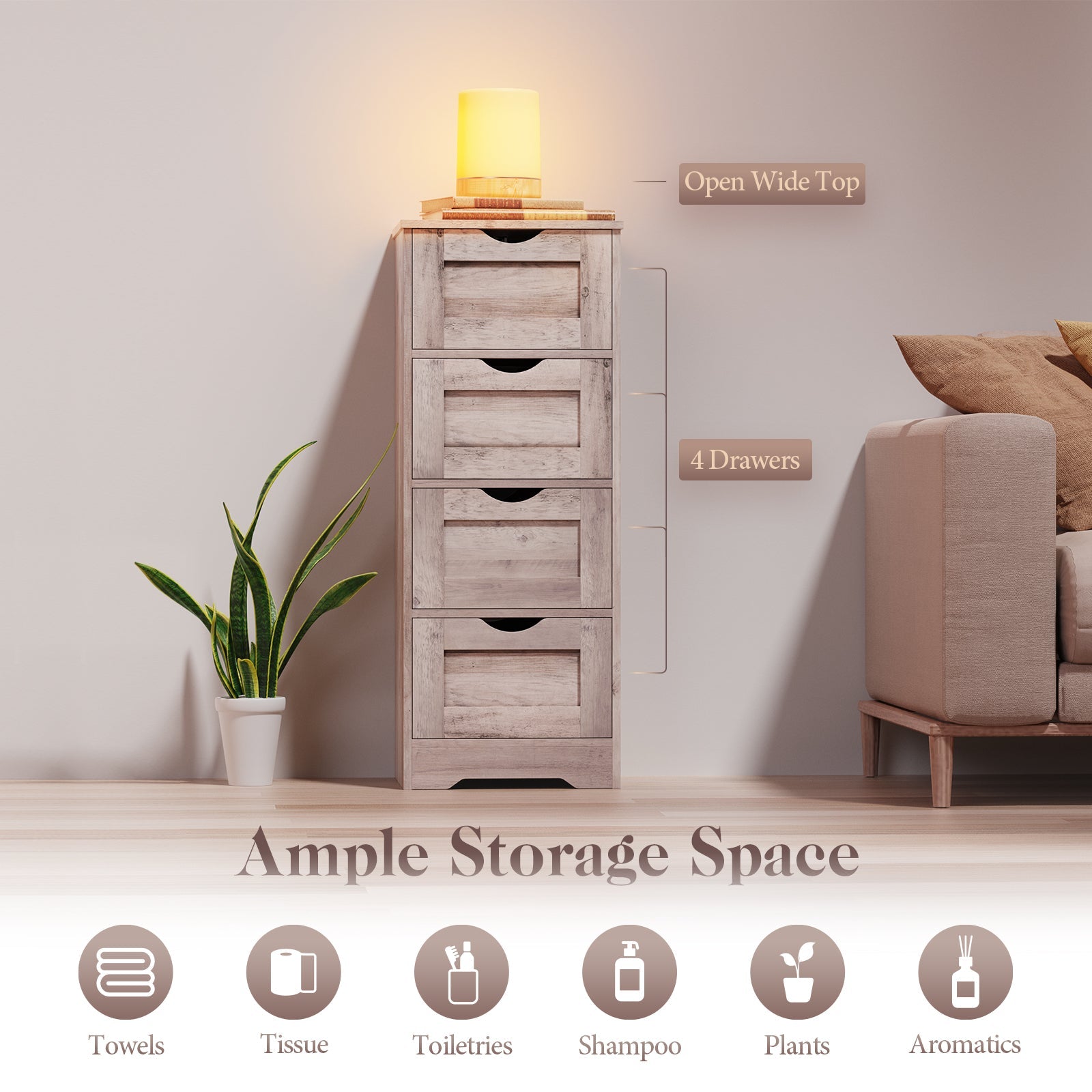 Floor Cabinet Wooden Storage Cabinet Home Office Living Room Bathroom Side Table Sturdy Modern 4 Drawers Grey - Korvel