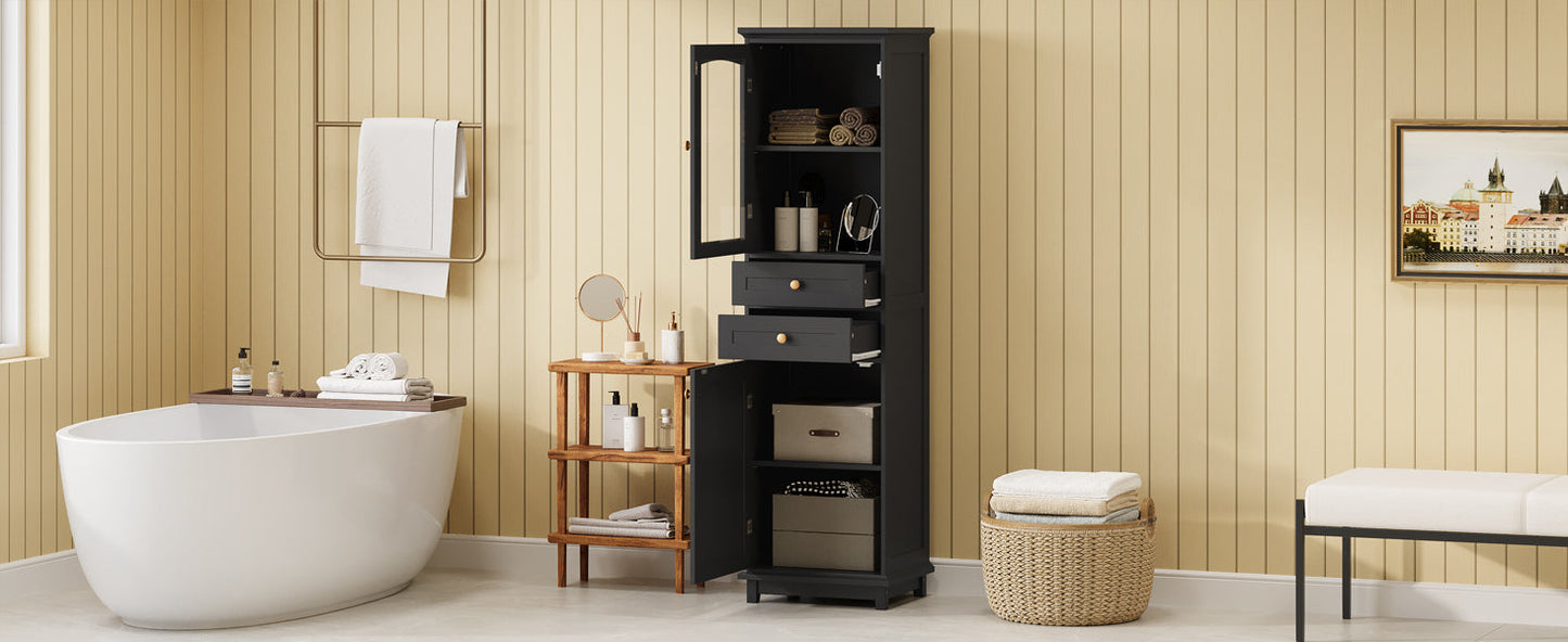 Tall Bathroom Storage Cabinet with Glass Doors, Free-Standing, Two Drawers, and Adjustable Shelves, MDF Board, Painted Black - Korvel