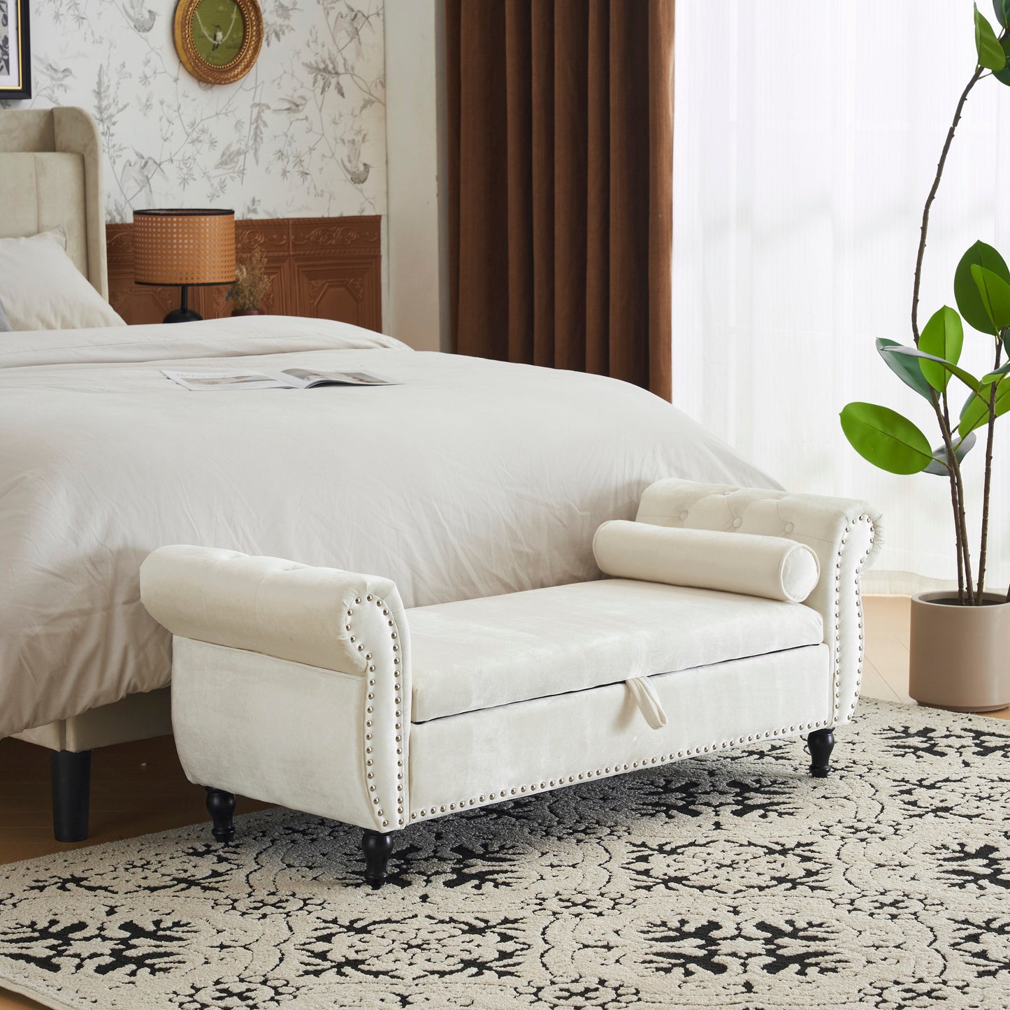 Banc de rangement multifonction en velours avec coussin - Beige