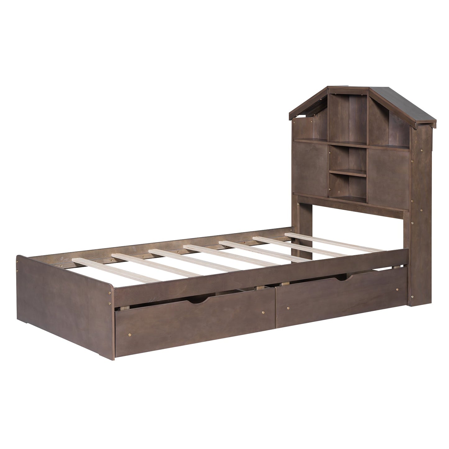 Twin Size Wood Platform Bed with House-shaped Storage Headboard and 2 Drawers Walnut - Korvel