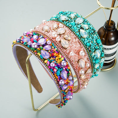 Personalized Design Colorful Turquoise Diamond Inlaid Wide Edge Fabric Candy Colored Headband Temperament Headwear - Korvel