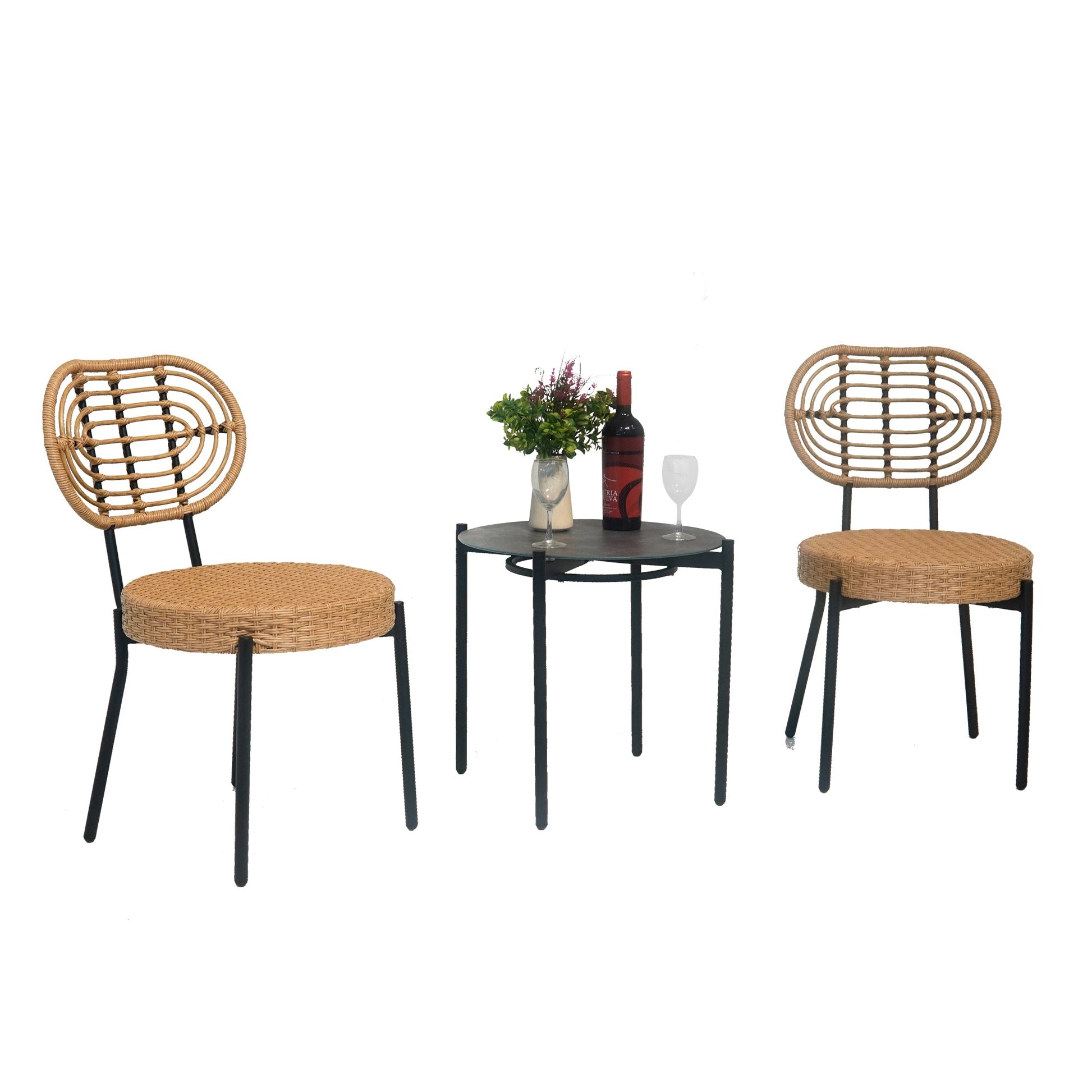 3 Pieces Of Luxury Outdoor Wicker Furniture - Patio Bistro Style Table And Chair Combination - Korvel