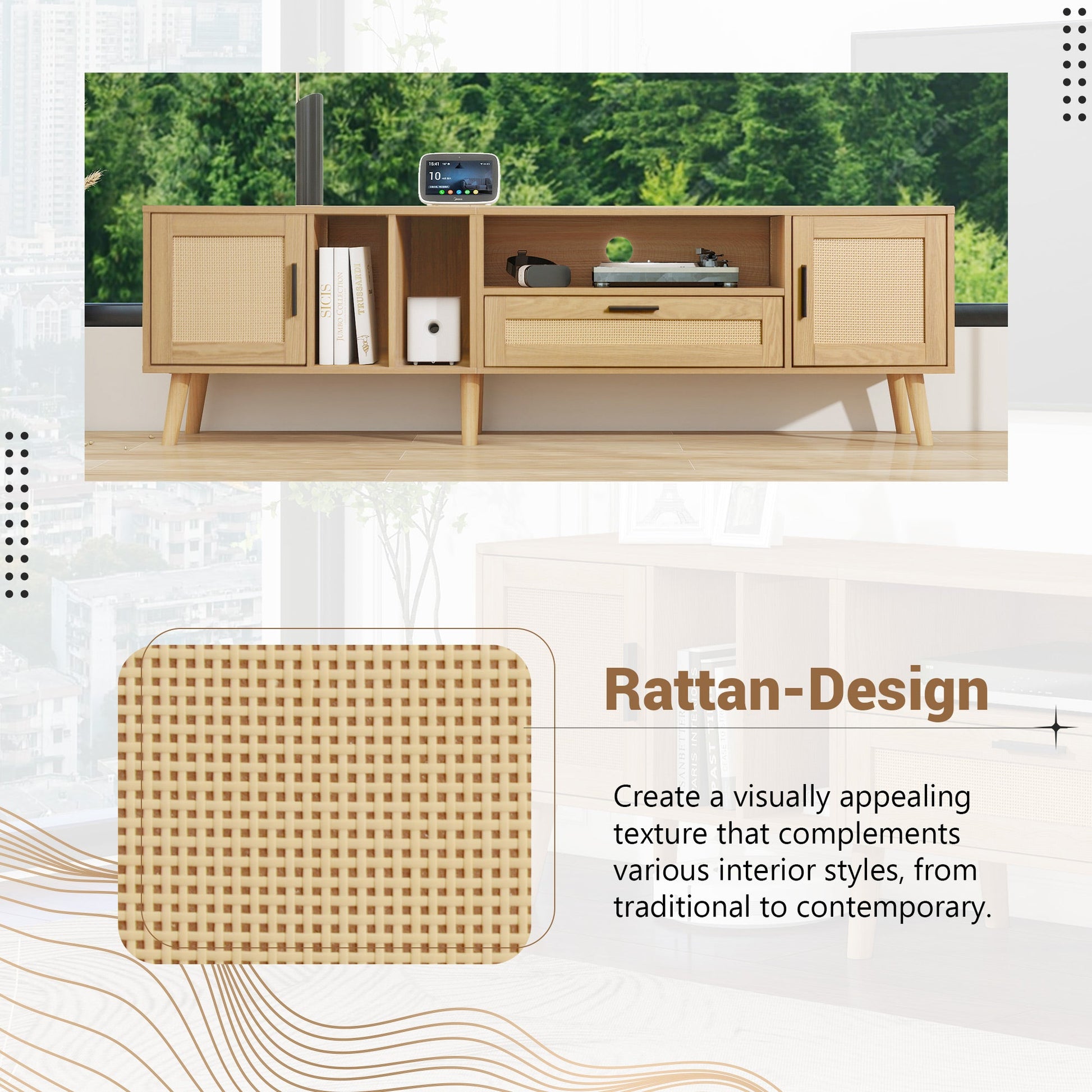 Vine TV stand with 2 cabinets and 2 open shelves, suitable for TVs under 80 inches, with solid wood legs for TV cabinets - Korvel
