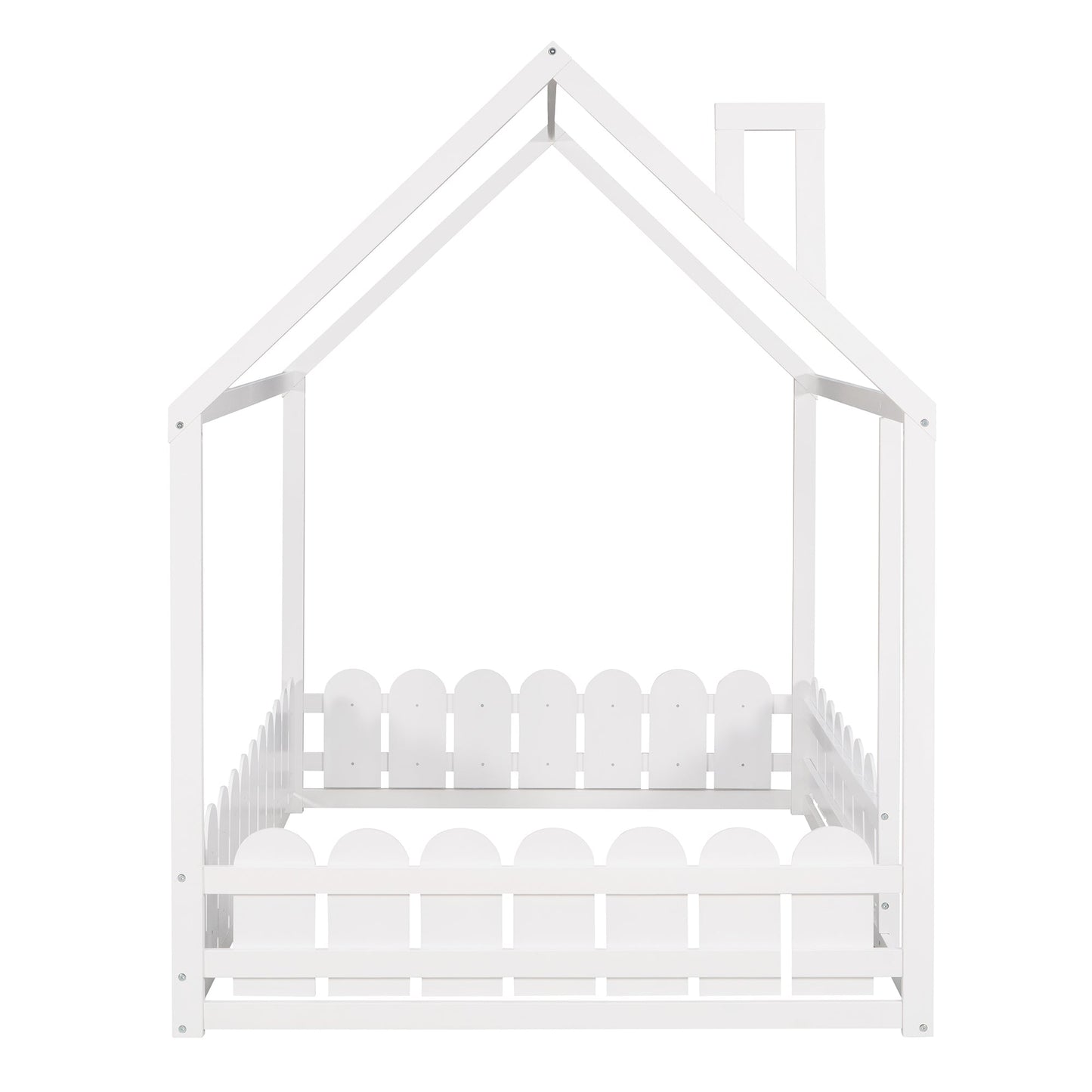 (Slats are not included) Full Size Wood Bed House Bed Frame with Fence for Kids Teens Girls Boys (White ) - Korvel