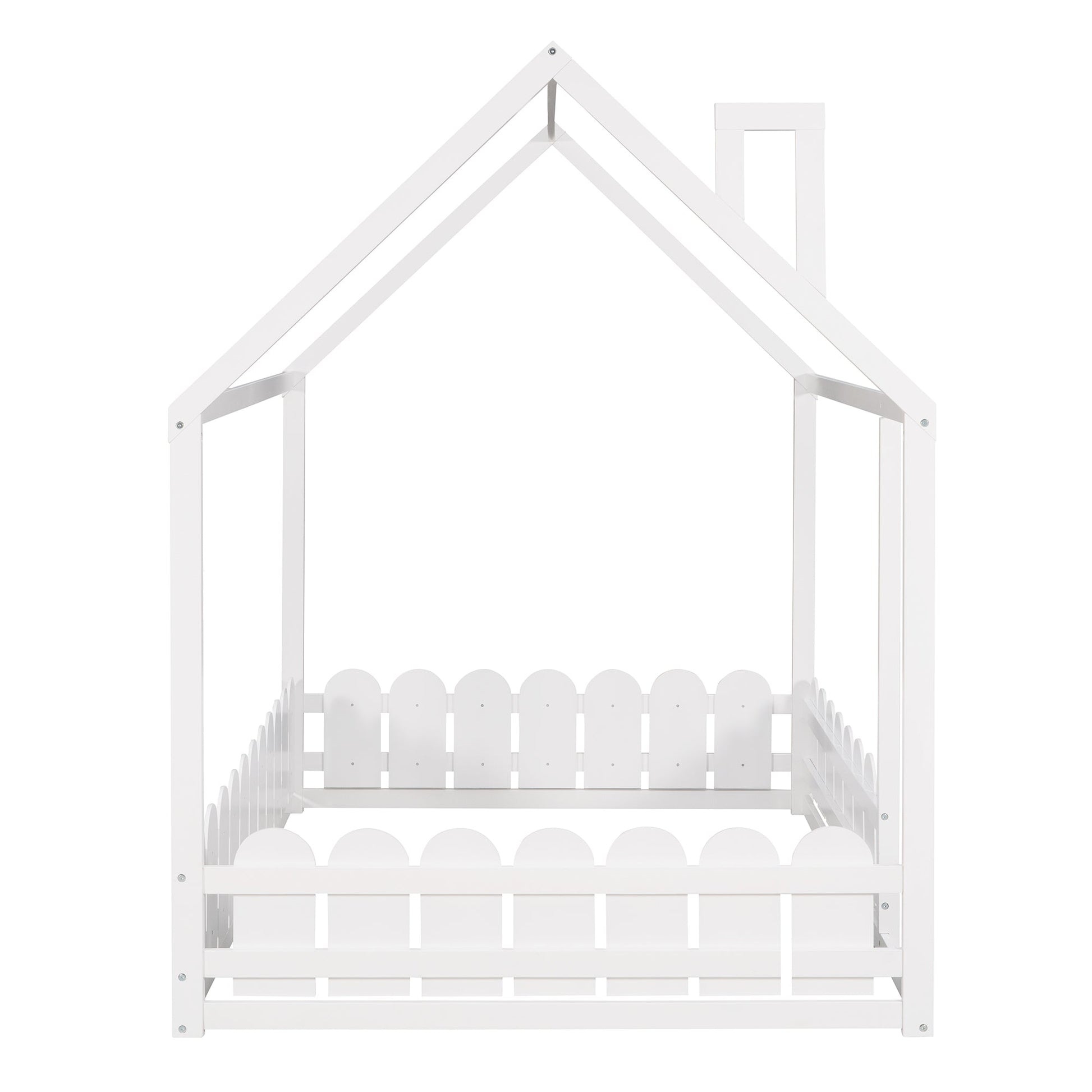 (Slats are not included) Full Size Wood Bed House Bed Frame with Fence for Kids Teens Girls Boys (White ) - Korvel