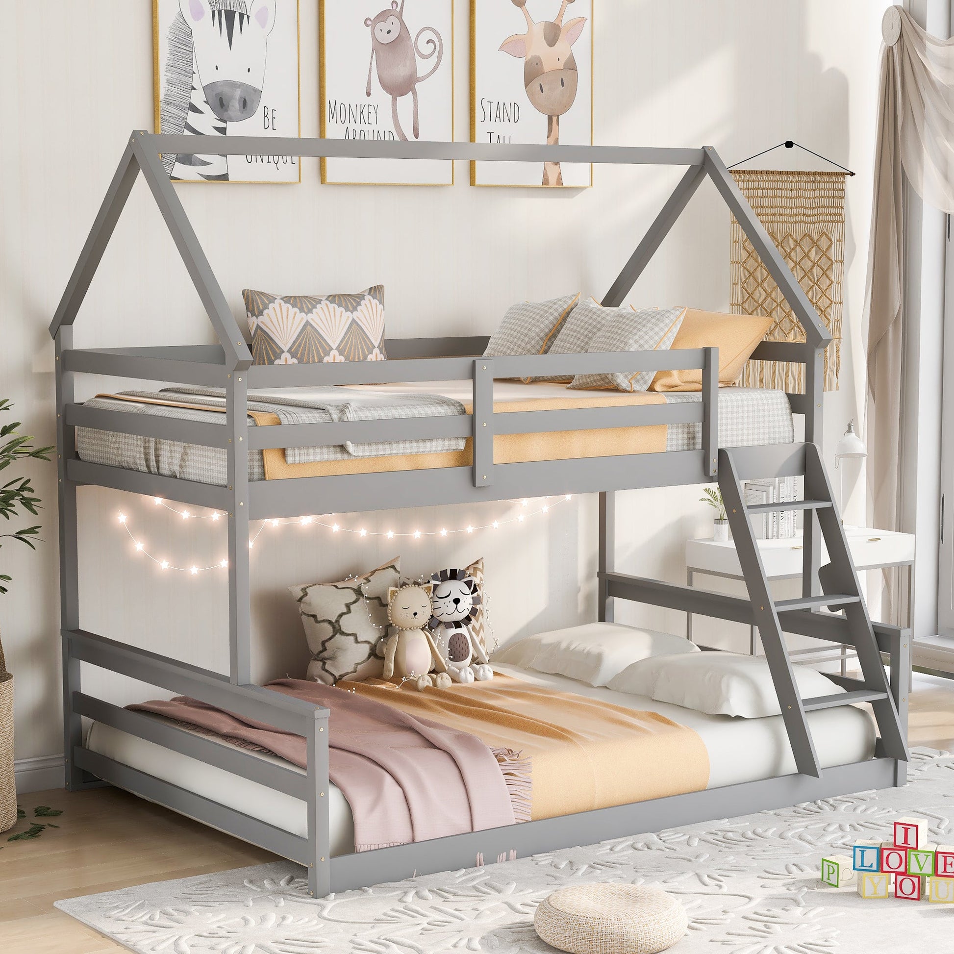Twin over Full House Bunk Bed with Built-in Ladder Gray - Korvel