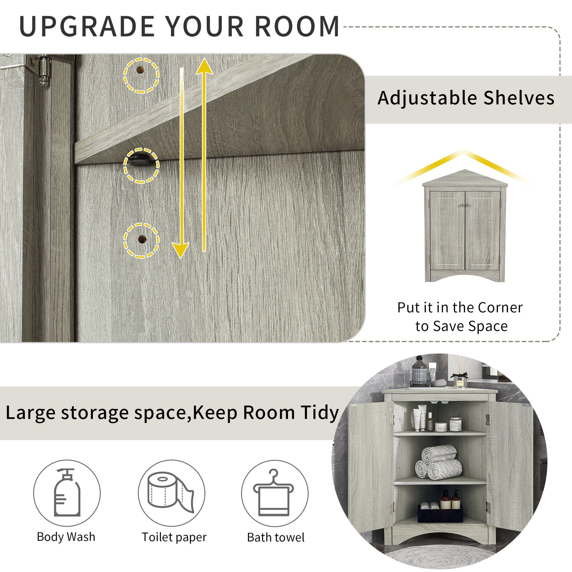 Oak Triangle Bathroom Storage Cabinet with Adjustable Shelves, Freestanding Floor Cabinet for Home Kitchen - Korvel