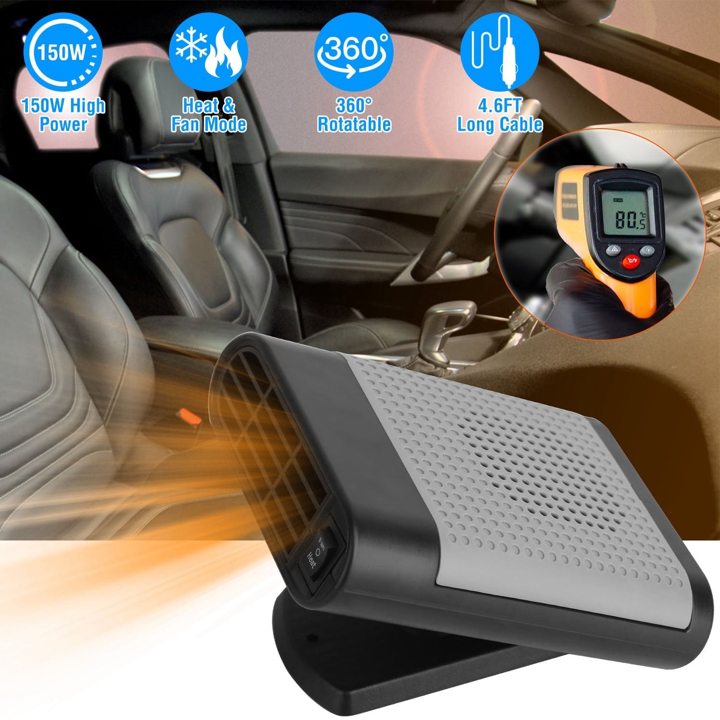 Chauffage et Dégivreur Portable 12V 150W avec Base Rotative à 360°