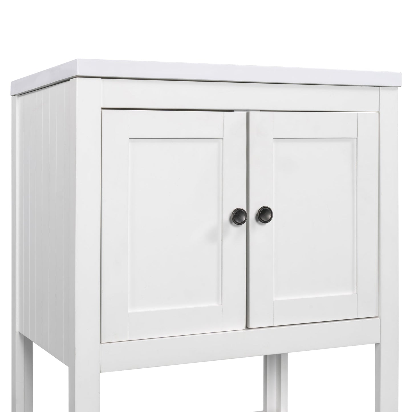 24" White Modern Sleek Bathroom Vanity Elegant Ceramic Sink with Solid Wood Frame Open Style Shelf - Korvel