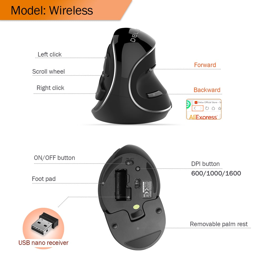 Delux M618 PLUS Ergonomics Vertical Gaming Mouse 6 Buttons 4000 DPI RGB Wired/Wireless Right Hand Mice For PC Laptop Computer - Korvel