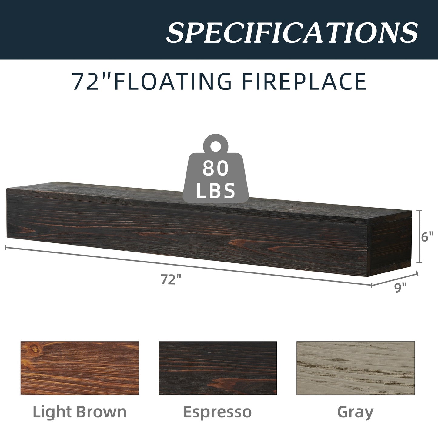72" Rustic Wood Fireplace Mantel - Wall-Mounted Floating Shelf