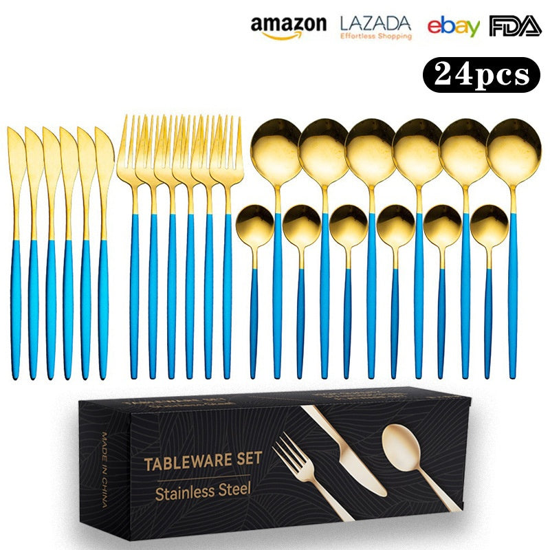 Cutlery Set Stainless Steel Knife Fork Set 24-Piece Tableware Set Golden Steak Knife Fork Spoon 6-Person Set - Korvel