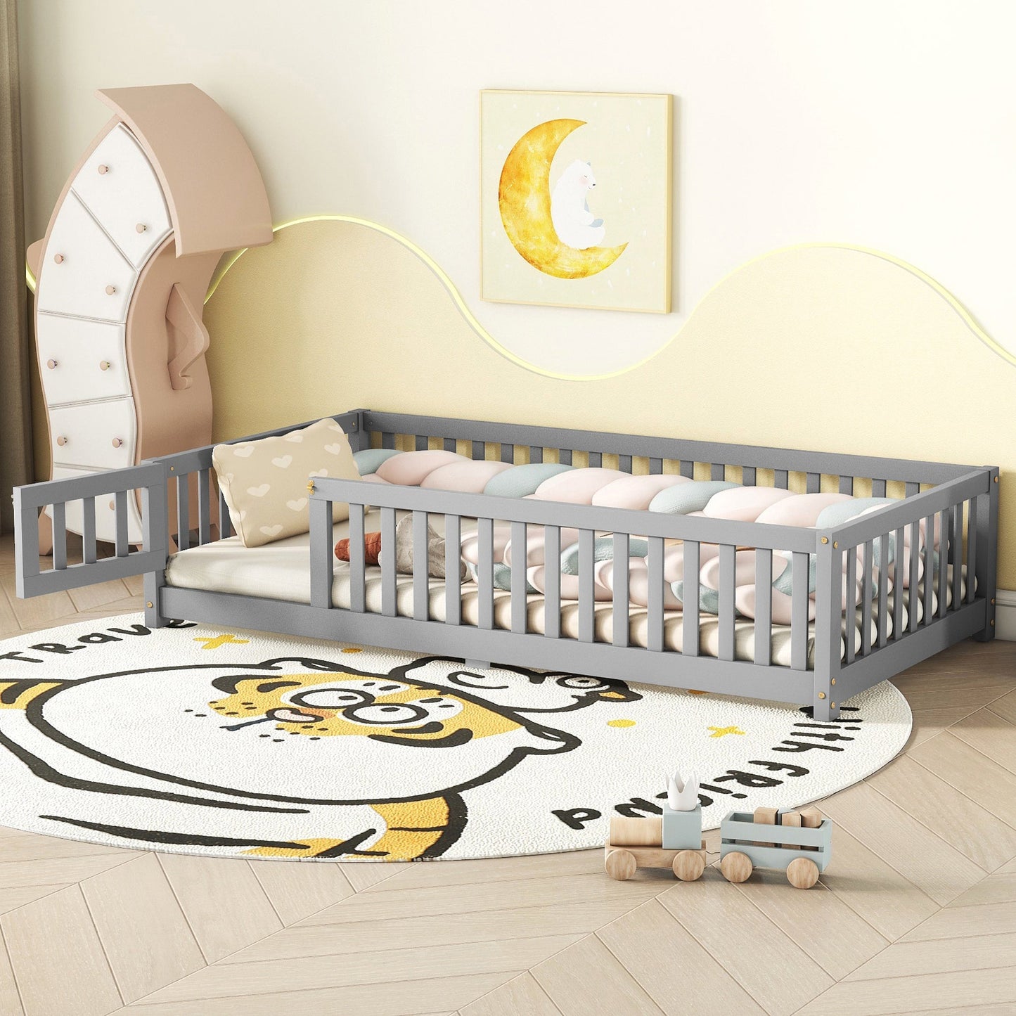 Twin Size Bed Floor Bed with Safety Guardrails and Door for Kids, Gray - Korvel