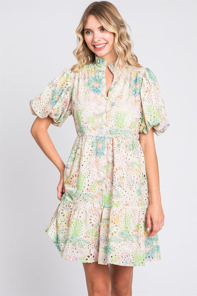 Robe Mini à Manches Bouffantes en Dentelle à Fleurs