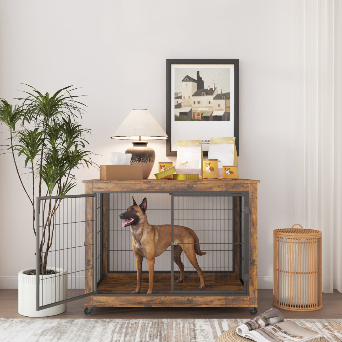 Rustic Brown Furniture Style Dog Crate Side Table on Wheels
