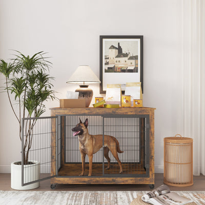 Rustic Brown Furniture Style Dog Crate Side Table on Wheels