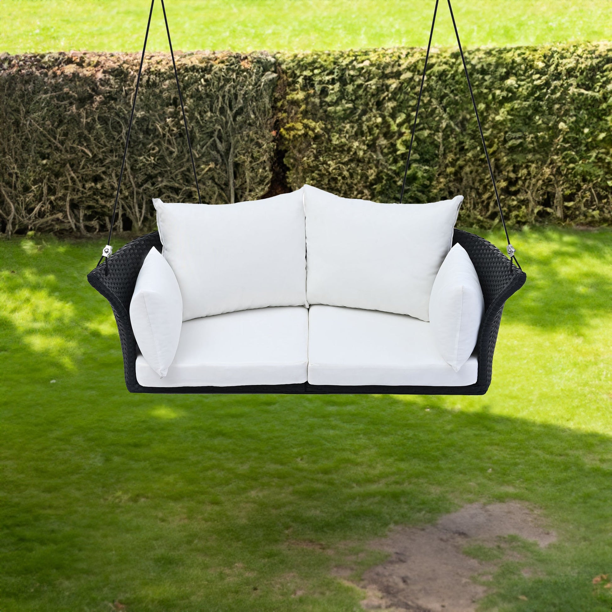 GO 51.9" 2-Person Hanging Seat, Rattan Woven Swing Chair, Porch Swing With Ropes, Black Wicker And White Cushion - Korvel