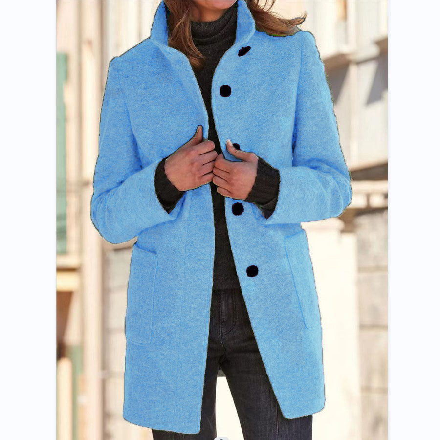 Manteau en Laine à Col Montant avec Poches pour Femmes
